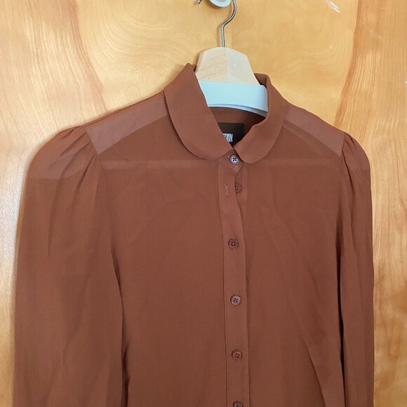 REFORMATION Long Sleeve Button Up Sheer Top Bow Cuffs Women's XS Rich Brown - Picture 4 of 13